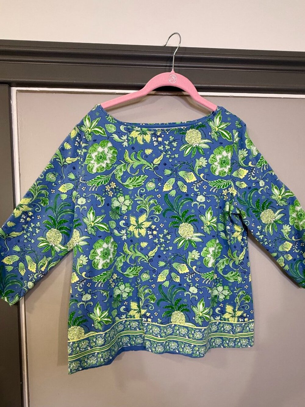 Title: Talbots Pineapple Floral Print Boat Neck 3/4 Sleeve Top Blue Green XL